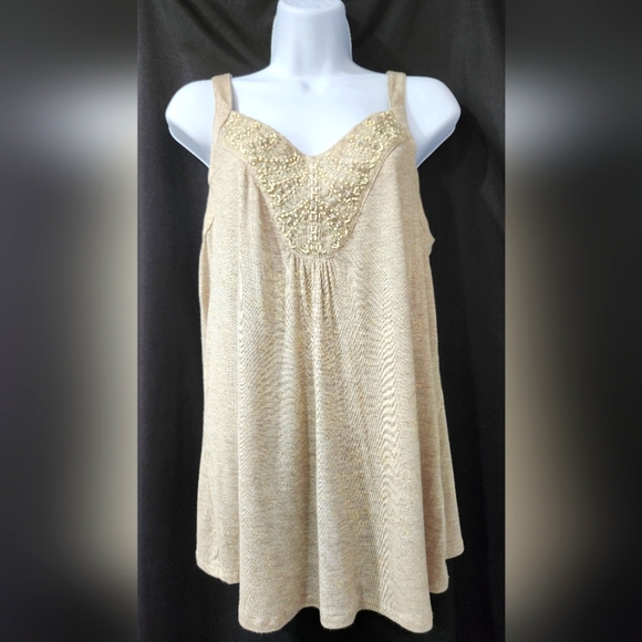 Tan Metallic Womens Camisole Top Size M Going Out Glam Beaded Date Night - Picture 1 of 8
